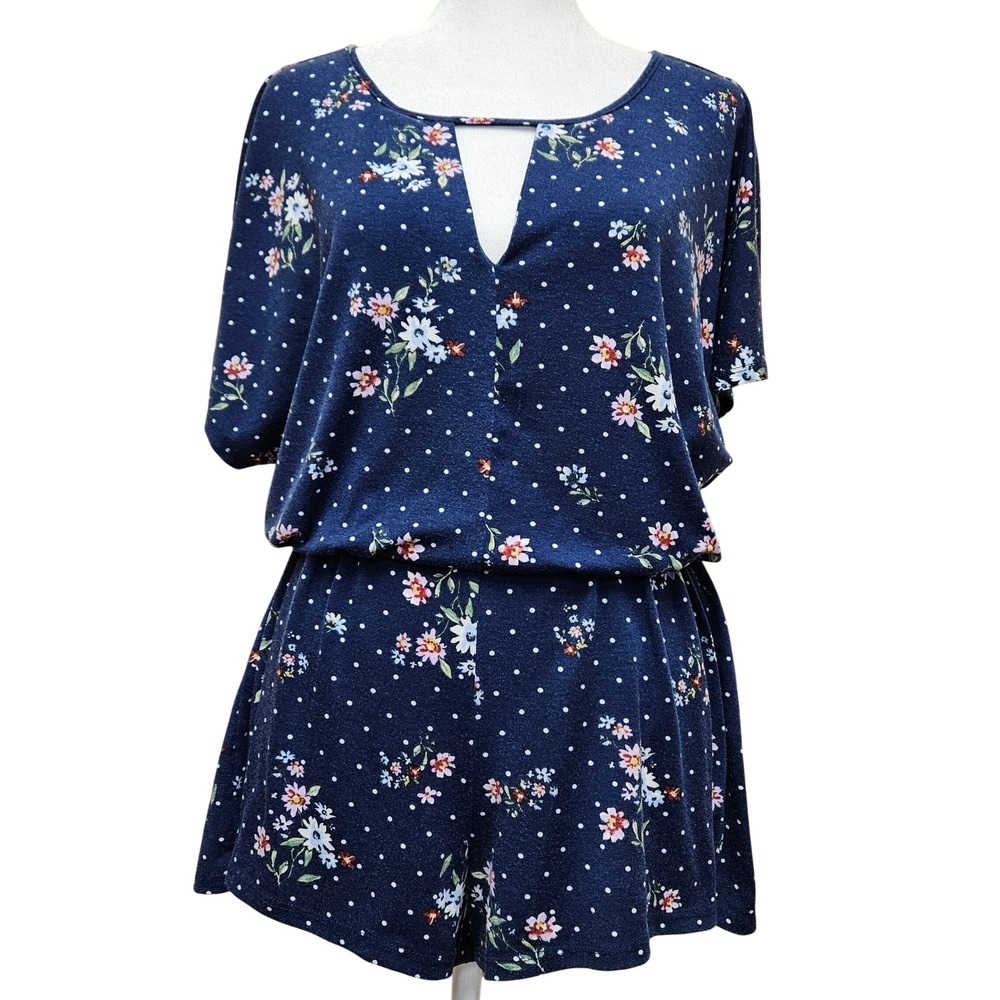 BeBop Navy‎ Blue Floral & Polka Dot Shorts Romper Size Medium